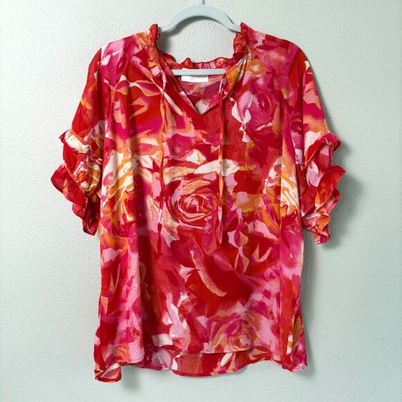 Sunny Leigh Top Plus Size 1X Red Orange Floral Ruffle Short Sleeve Split Neck - Picture 1 of 10
